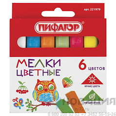 Мел цветной ПИФАГОР, набор 6 шт., квадратный, 221979