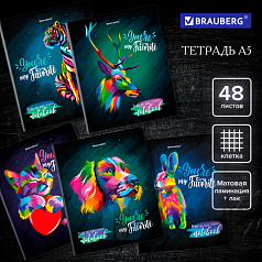 Тетрадь А5 48л. BRAUBERG скоба, клетка, матовая ламинация, выборочный лак, ДИЗАЙН_2,, 404374